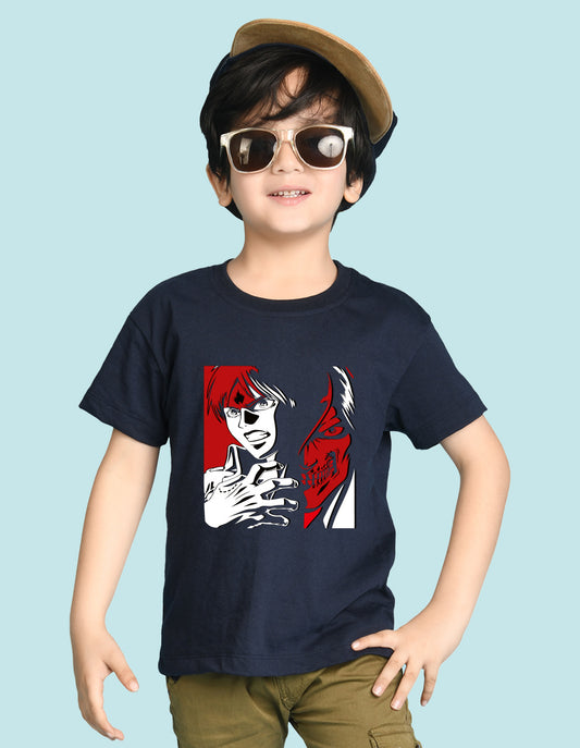 Nusyl Boys Navy Blue Anime & Text Printed Short sleeve Cotton Blend Oversized T-shirts