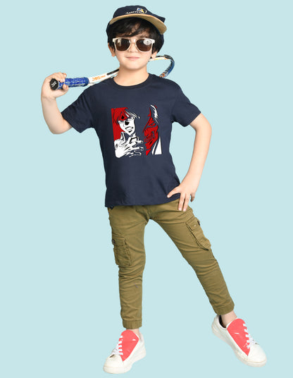 Nusyl Boys Navy Blue Anime & Text Printed Short sleeve Cotton Blend Oversized T-shirts