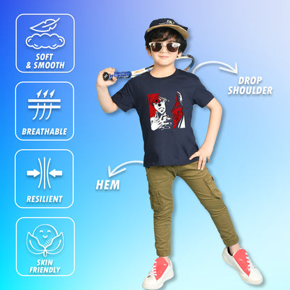 Nusyl Boys Navy Blue Anime & Text Printed Short sleeve Cotton Blend Oversized T-shirts