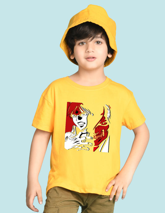 Nusyl Boys Yellow Anime & Text Printed Short sleeve Cotton Blend Oversized T-shirts