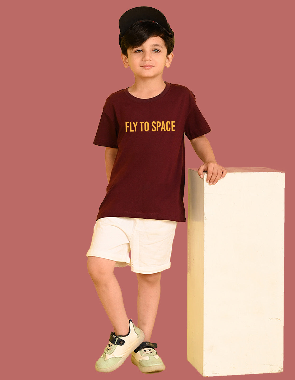 Nusyl Boys Wine Astronaut & Text Printed Short Sleeve Oversized T-Shirt
