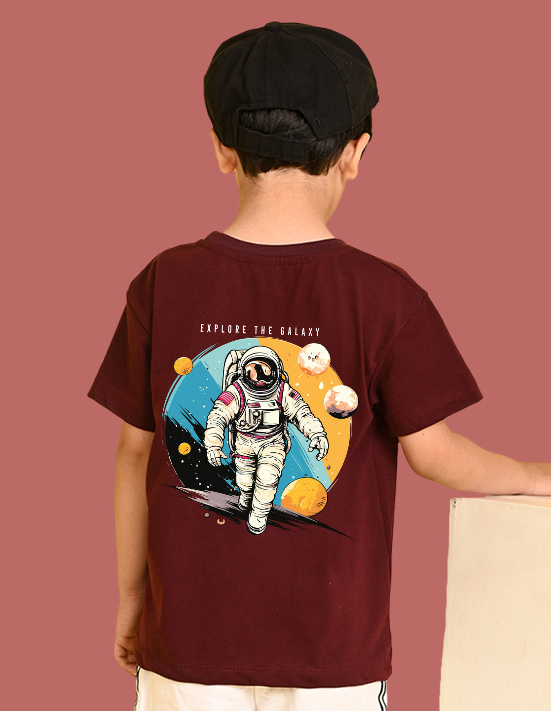 Nusyl Boys Wine Astronaut & Text Printed Short Sleeve Oversized T-Shirt