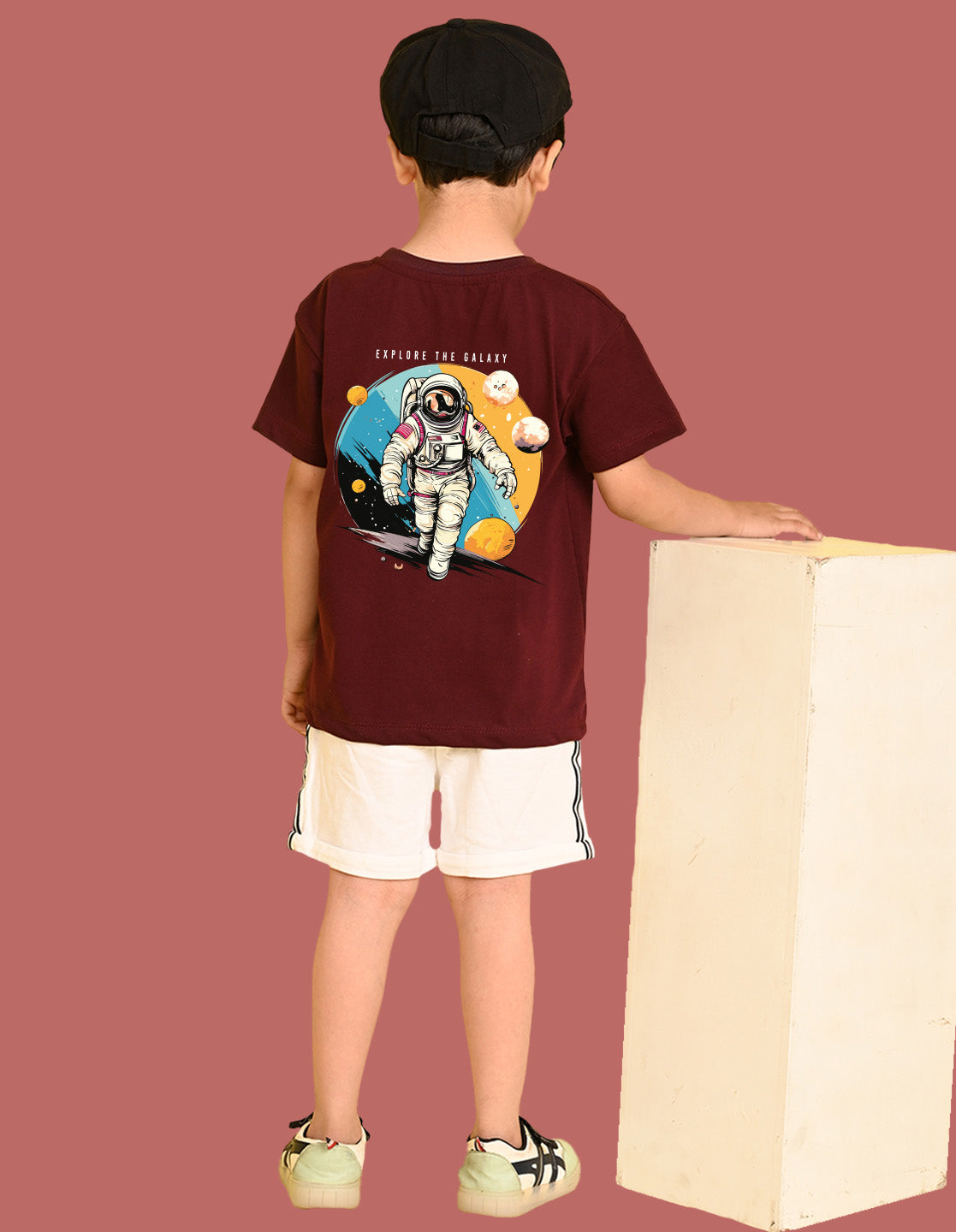 Nusyl Boys Wine Astronaut & Text Printed Short Sleeve Oversized T-Shirt