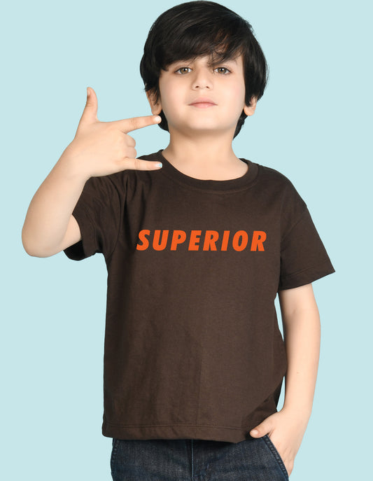 Nusyl Boys Brown Superior Text Printed Short sleeve Cotton Blend Oversized T-shirts