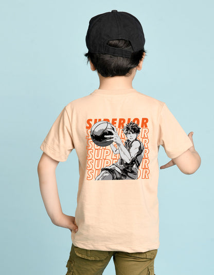 Nusyl Boys Beige Superior Text Printed Short sleeve Cotton Blend Oversized T-shirts