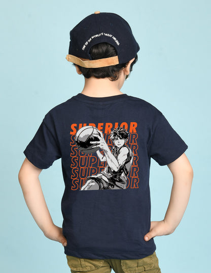 Nusyl Boys Navy Blue Superior Text Printed Short sleeve Cotton Blend Oversized T-shirts