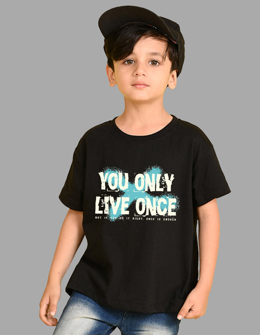 Nusyl Boys Black You Only Live Once Text Printed Short sleeve Cotton Blend Oversized T-shirts