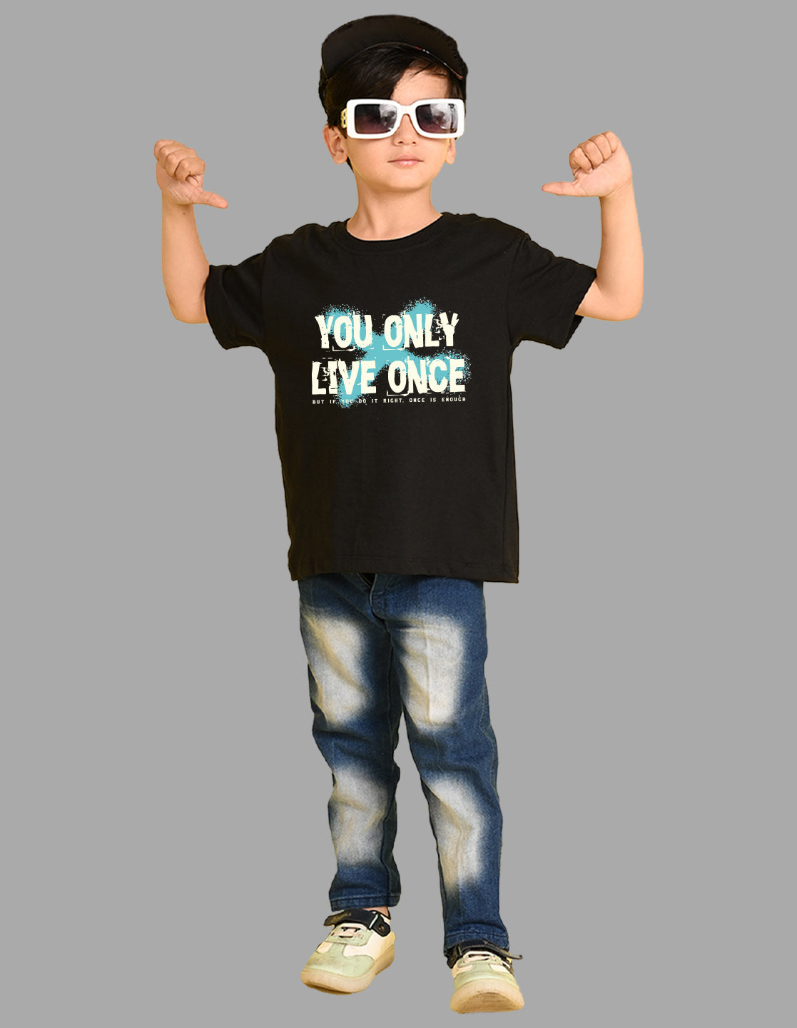 Nusyl Boys Black You Only Live Once Text Printed Short sleeve Cotton Blend Oversized T-shirts