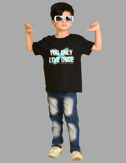 Nusyl Boys Black You Only Live Once Text Printed Short sleeve Cotton Blend Oversized T-shirts
