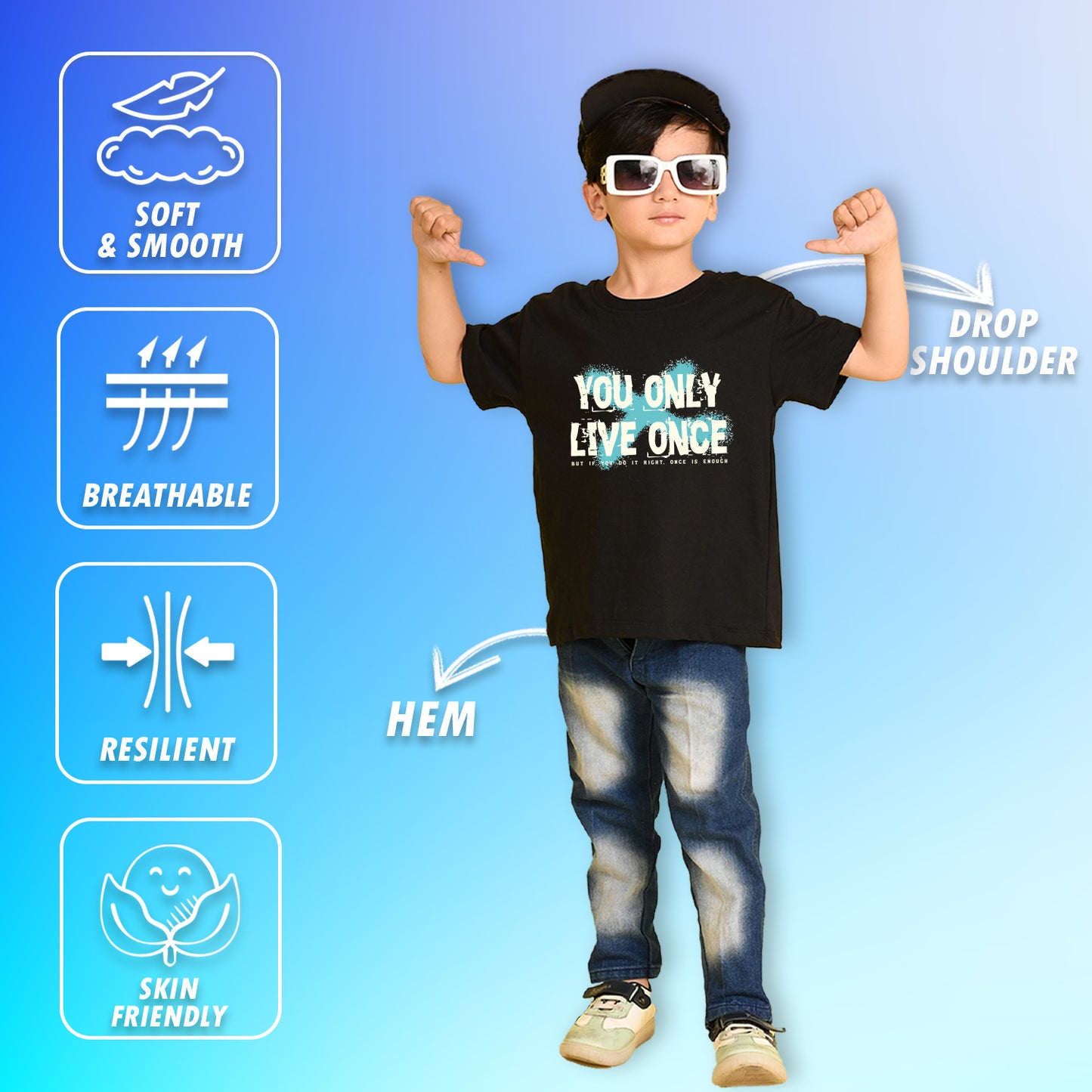 Nusyl Boys Black You Only Live Once Text Printed Short sleeve Cotton Blend Oversized T-shirts