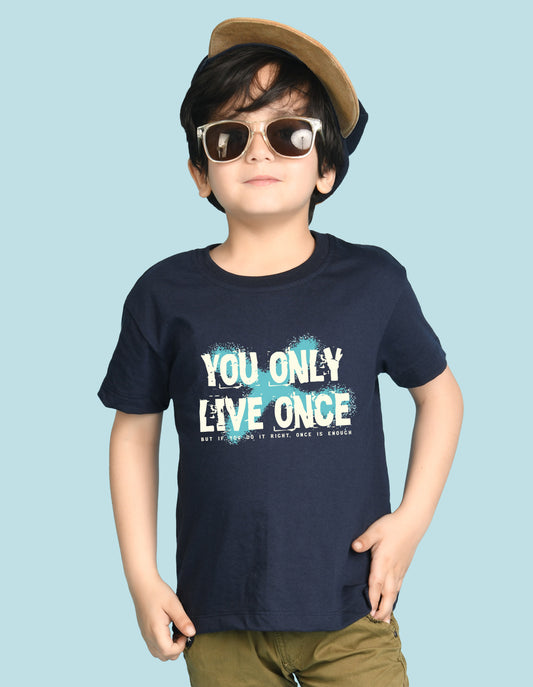 Nusyl Boys Navy Blue You Only Live Once Text Printed Short sleeve Cotton Blend Oversized T-shirts