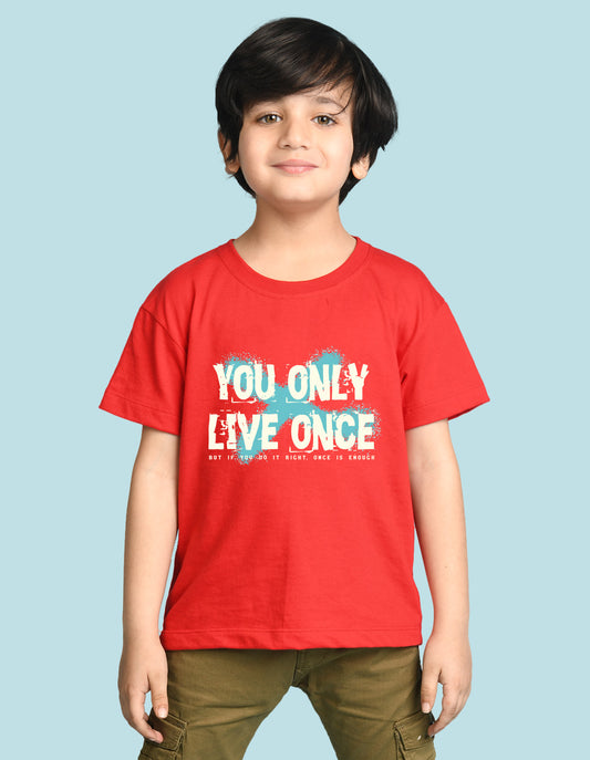 Nusyl Boys Red You Only Live Once Text Printed Short sleeve Cotton Blend Oversized T-shirts