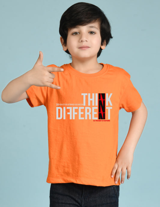 Nusyl Boys Orange Think Different Text Printed Short sleeve Cotton Blend Oversized T-shirts