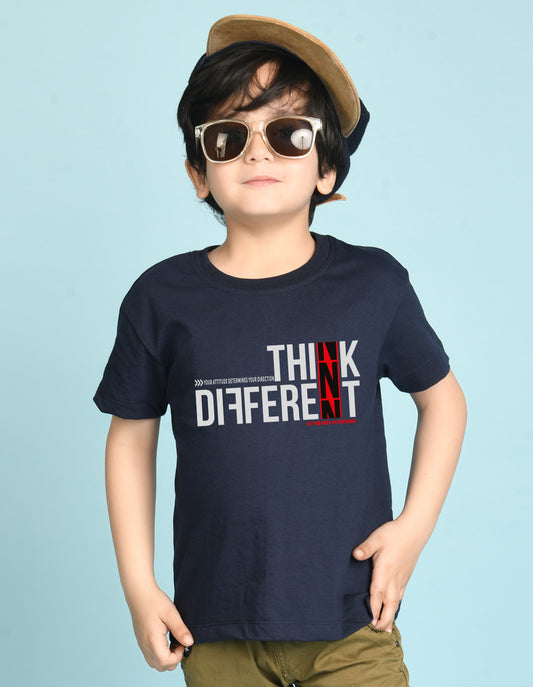 Nusyl Boys Navy Blue Think Different Text Printed Short sleeve Cotton Blend Oversized T-shirts