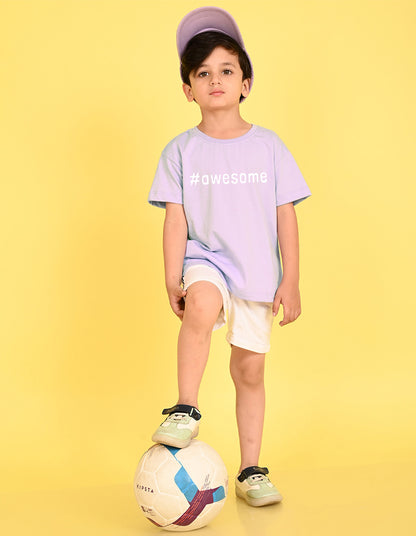 Nusyl Boys Lilac Awesome Text Printed Short sleeve Cotton Blend Oversized T-shirts