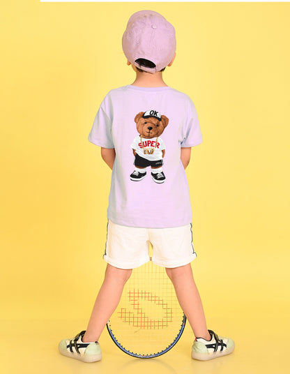 Nusyl Boys Lilac Awesome Text Printed Short sleeve Cotton Blend Oversized T-shirts