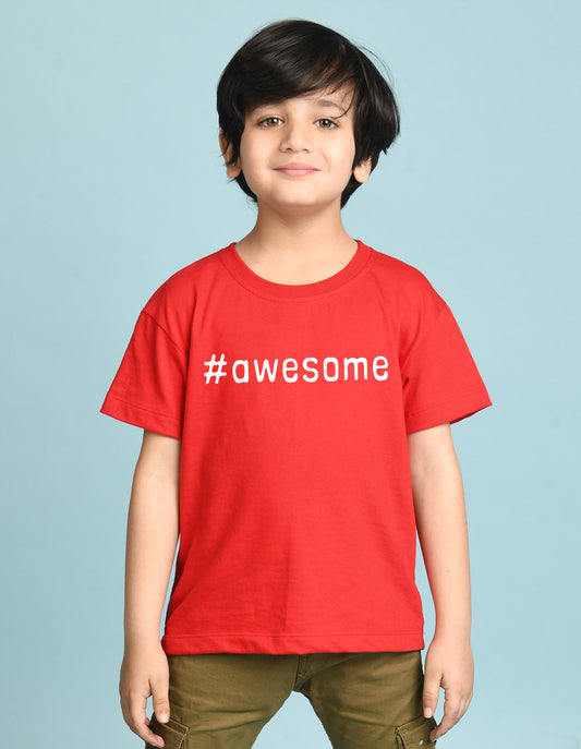 Nusyl Boys Red Awesome Text Printed Short sleeve Cotton Blend Oversized T-shirts