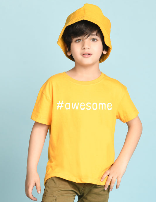 Nusyl Boys Yellow Awesome Text Printed Short sleeve Cotton Blend Oversized T-shirts