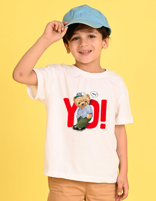 Nusyl Boys White Teddy Bear & Text Printed Short sleeve Cotton Blend Oversized T-shirts