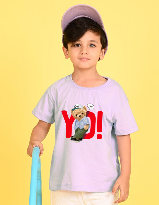 Nusyl Boys Lilac Teddy Bear & Text Printed Short sleeve Cotton Blend Oversized T-shirts