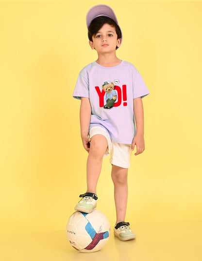 Nusyl Boys Lilac Teddy Bear & Text Printed Short sleeve Cotton Blend Oversized T-shirts