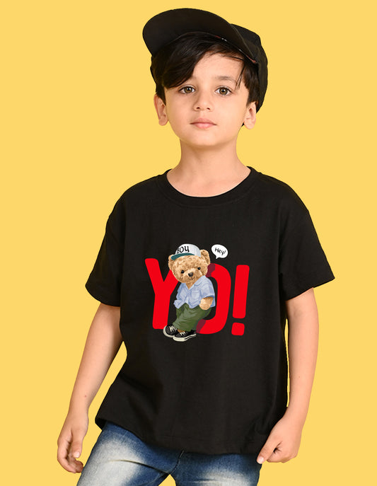 Nusyl Boys Black Teddy Bear & Text Printed Short sleeve Cotton Blend Oversized T-shirts
