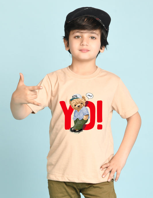 Nusyl Boys Beige Teddy Bear & Text Printed Short sleeve Cotton Blend Oversized T-shirts