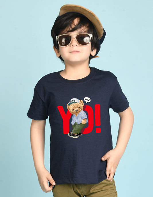 Nusyl Boys Navy Blue Teddy Bear & Text Printed Short sleeve Cotton Blend Oversized T-shirts