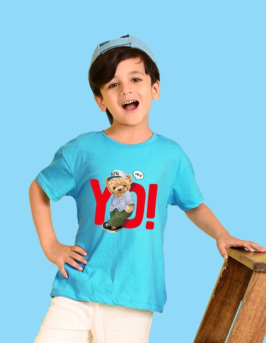 Nusyl Boys Sky Blue Teddy Bear & Text Printed Short sleeve Cotton Blend Oversized T-shirts