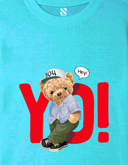 Nusyl Boys Sky Blue Teddy Bear & Text Printed Short sleeve Cotton Blend Oversized T-shirts