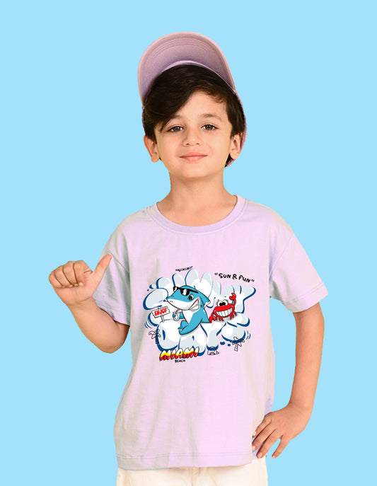 Nusyl Boys Lilac Shark & Text Printed Short sleeve Cotton Blend Oversized T-shirts