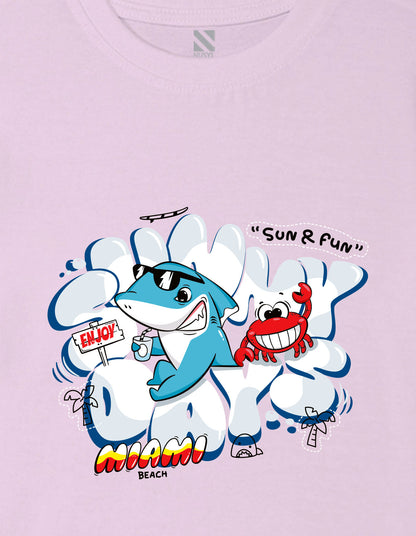 Nusyl Boys Lilac Shark & Text Printed Short sleeve Cotton Blend Oversized T-shirts