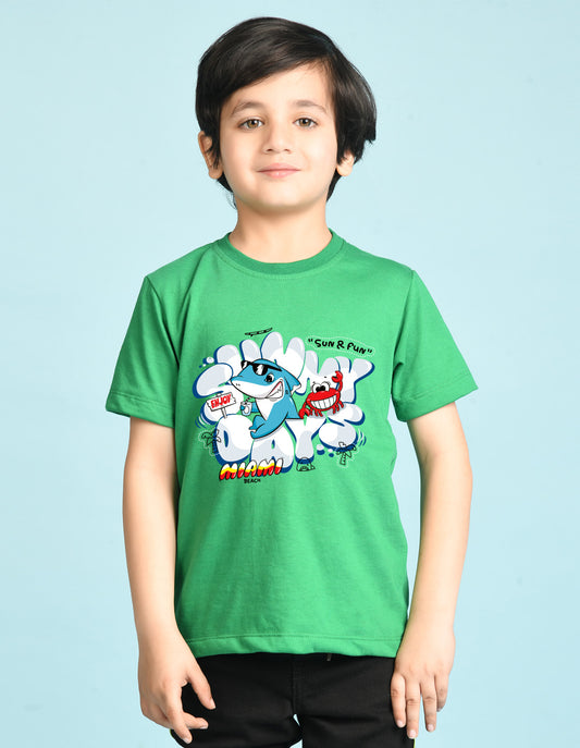 Nusyl Boys Green Shark & Text Printed Short sleeve Cotton Blend Oversized T-shirts