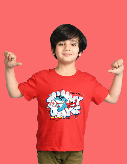 Nusyl Boys Red Shark & Text Printed Short sleeve Cotton Blend Oversized T-shirts