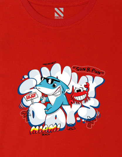 Nusyl Boys Red Shark & Text Printed Short sleeve Cotton Blend Oversized T-shirts