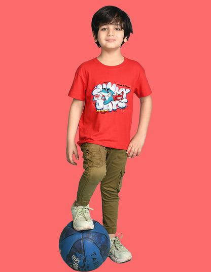 Nusyl Boys Red Shark & Text Printed Short sleeve Cotton Blend Oversized T-shirts
