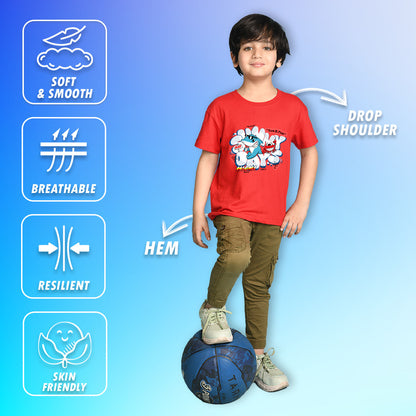 Nusyl Boys Red Shark & Text Printed Short sleeve Cotton Blend Oversized T-shirts