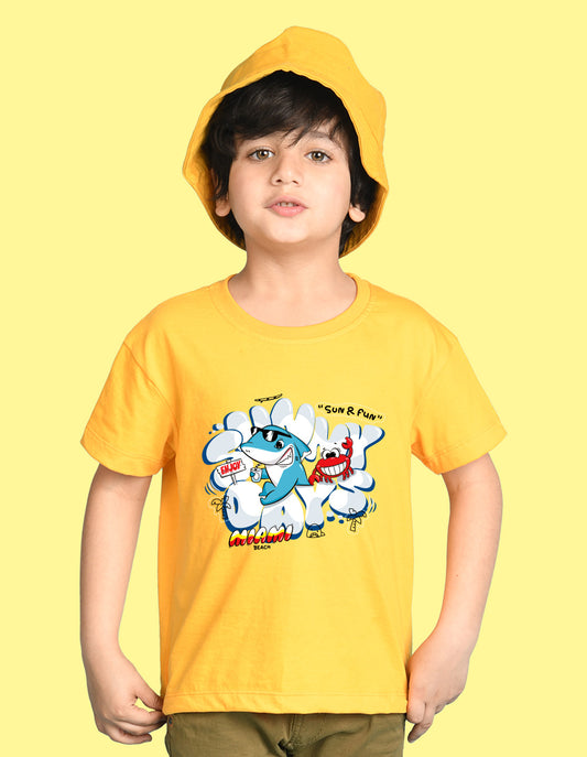 Nusyl Boys Yellow Shark & Text Printed Short sleeve Cotton Blend Oversized T-shirts