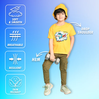 Nusyl Boys Yellow Shark & Text Printed Short sleeve Cotton Blend Oversized T-shirts