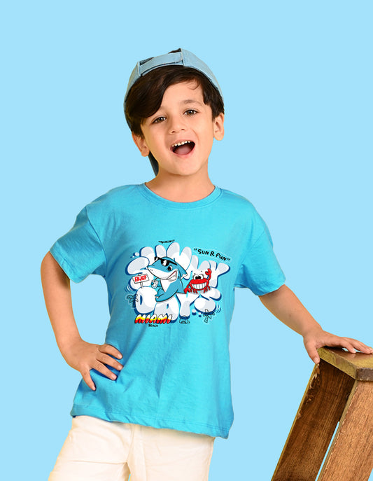 Nusyl Boys Sky Blue Shark & Text Printed Short sleeve Cotton Blend Oversized T-shirts