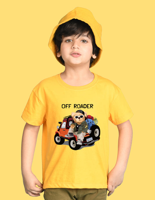 Nusyl Boys Yellow Off Roader Text Printed Short sleeve Cotton Blend Oversized T-shirts