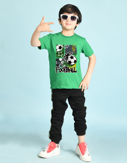 Nusyl Boys Green Football Printed Short sleeve Cotton Blend Oversized T-shirts