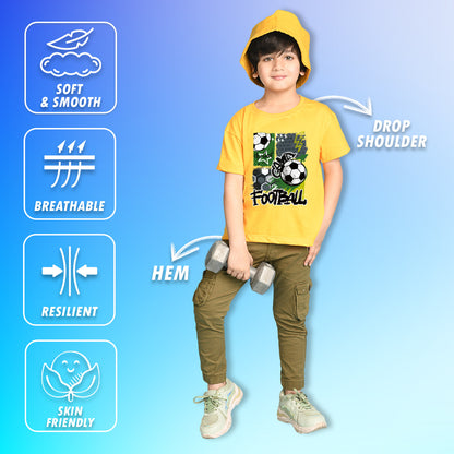 Nusyl Boys Yellow Football Printed Short sleeve Cotton Blend Oversized T-shirts