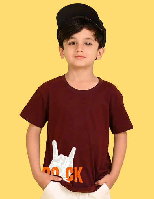 Nusyl Boys Wine Rock Star Text Printed Short sleeve Cotton Blend Oversized T-shirts