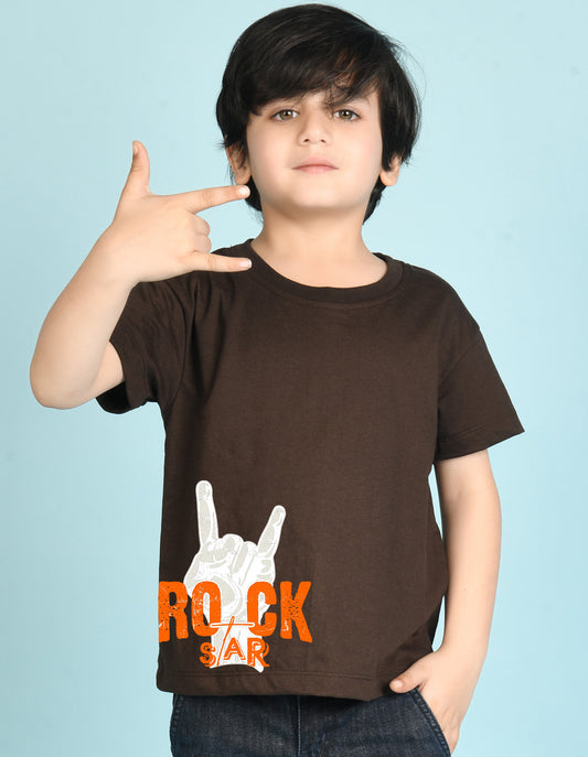 Nusyl Boys Brown Rock Star Text Printed Short sleeve Cotton Blend Oversized T-shirts