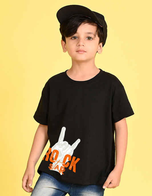 Nusyl Boys Black Rock Star Text Printed Short sleeve Cotton Blend Oversized T-shirts