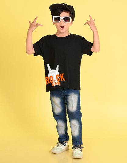Nusyl Boys Black Rock Star Text Printed Short sleeve Cotton Blend Oversized T-shirts