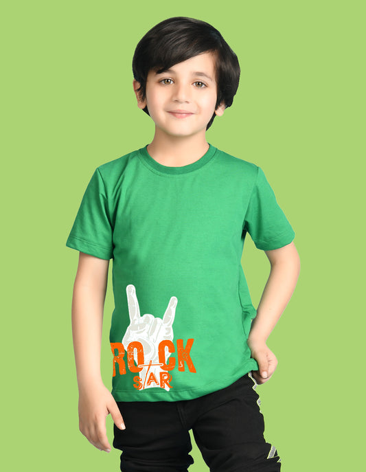 Nusyl Boys Green Rock Star Text Printed Short sleeve Cotton Blend Oversized T-shirts