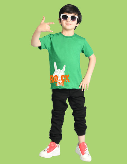 Nusyl Boys Green Rock Star Text Printed Short sleeve Cotton Blend Oversized T-shirts