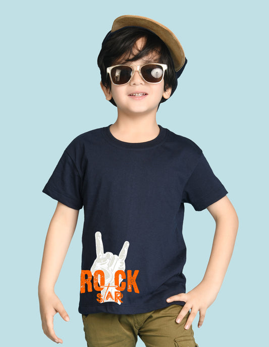 Nusyl Boys Navy Blue Rock Star Text Printed Short sleeve Cotton Blend Oversized T-shirts